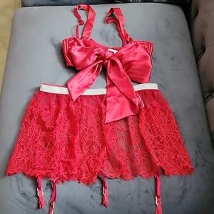 Victoria's secret red lingerie set. Garter skirt XS Small, Small bow bra.